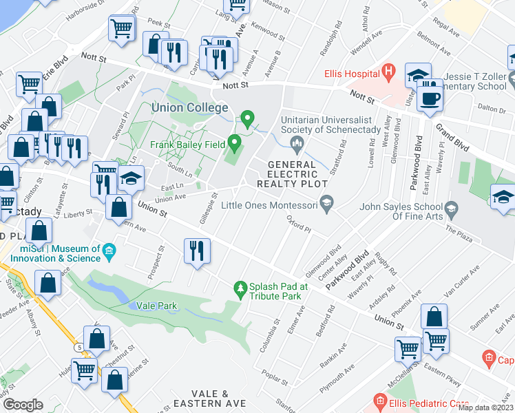 map of restaurants, bars, coffee shops, grocery stores, and more near 1076 Park Avenue in Schenectady