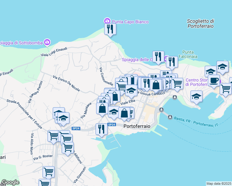 map of restaurants, bars, coffee shops, grocery stores, and more near 11 Via XX Settembre in Portoferraio