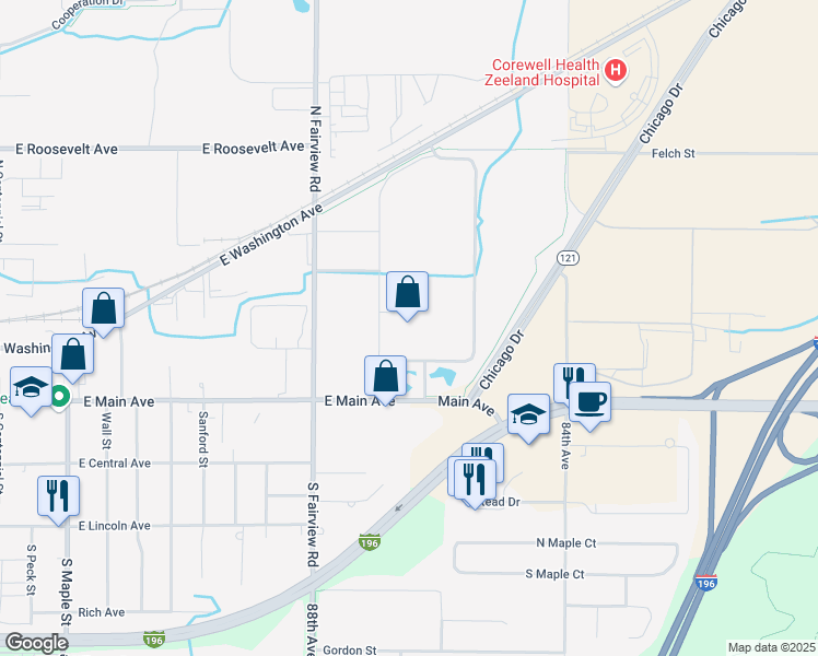 map of restaurants, bars, coffee shops, grocery stores, and more near 855 East Main Avenue in Zeeland