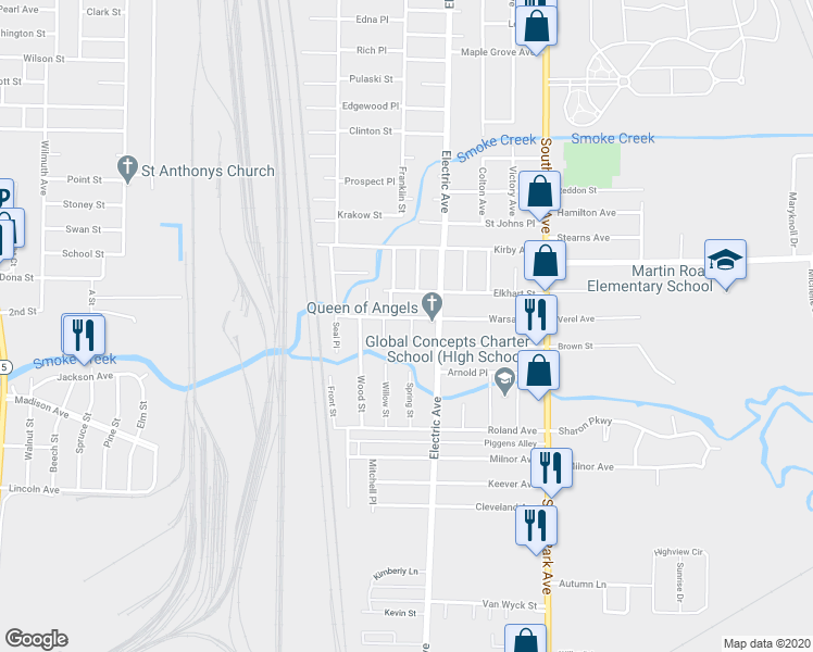 map of restaurants, bars, coffee shops, grocery stores, and more near 145 Warsaw Street in Lackawanna