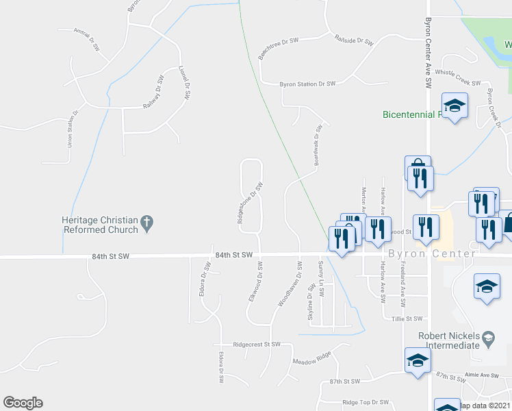 map of restaurants, bars, coffee shops, grocery stores, and more near 8176 Stoney Lane Southwest in Byron Center