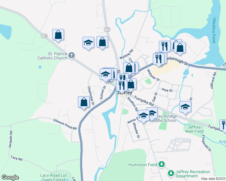 map of restaurants, bars, coffee shops, grocery stores, and more near 8 River Street in Jaffrey