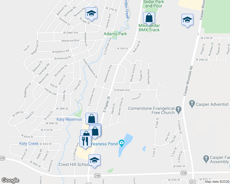 map of restaurants, bars, coffee shops, grocery stores, and more near 1213 Granada Avenue in Casper