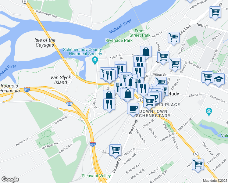 map of restaurants, bars, coffee shops, grocery stores, and more near 134 State Street in Schenectady