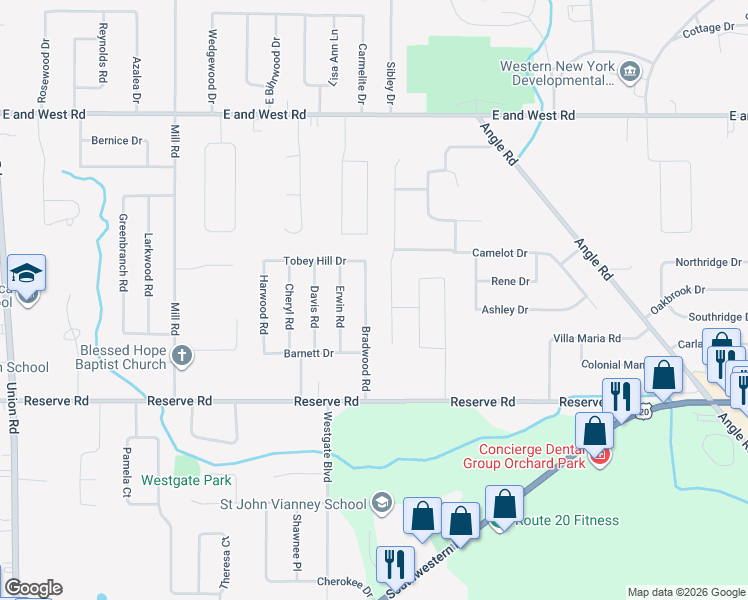 map of restaurants, bars, coffee shops, grocery stores, and more near 109 Bradwood Road in Buffalo