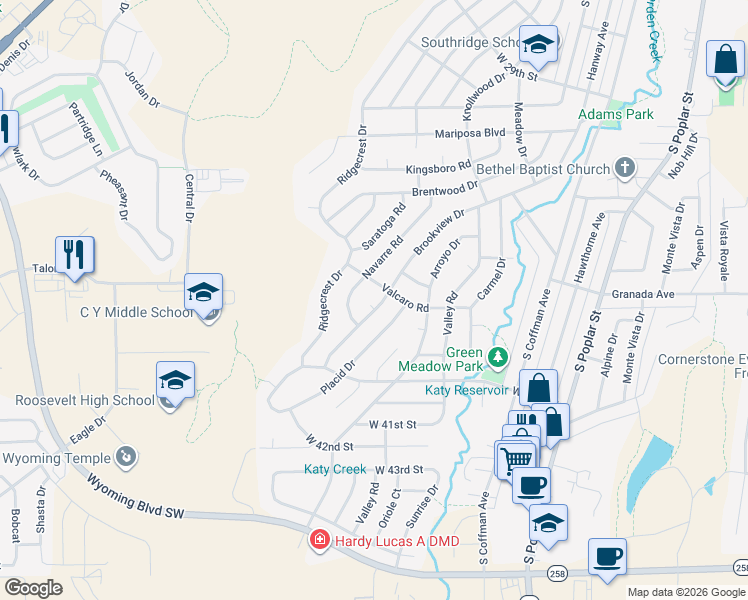 map of restaurants, bars, coffee shops, grocery stores, and more near 3610 Brookview Drive in Casper