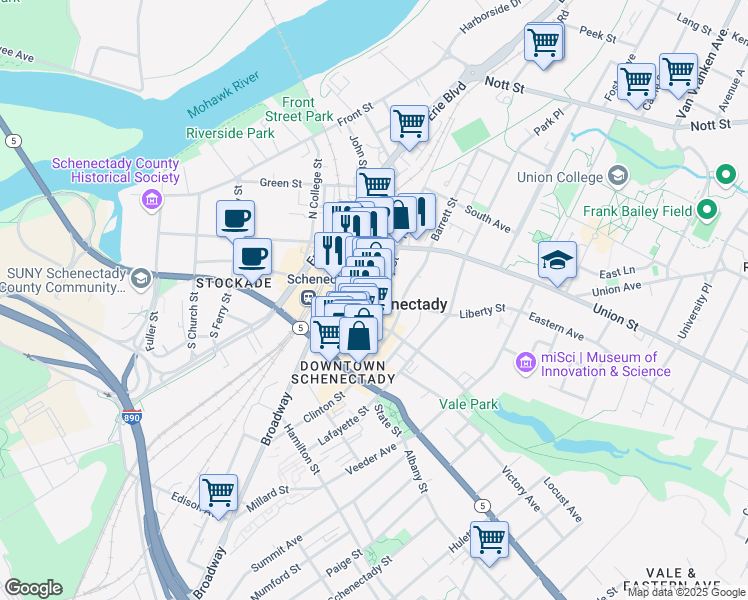 map of restaurants, bars, coffee shops, grocery stores, and more near 96 Jay Street in Schenectady