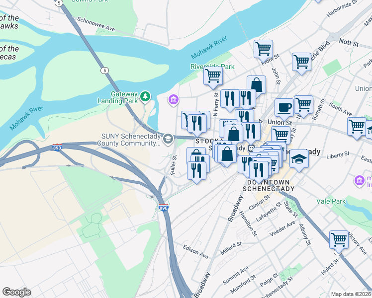 map of restaurants, bars, coffee shops, grocery stores, and more near 108 Railroad Street in Schenectady