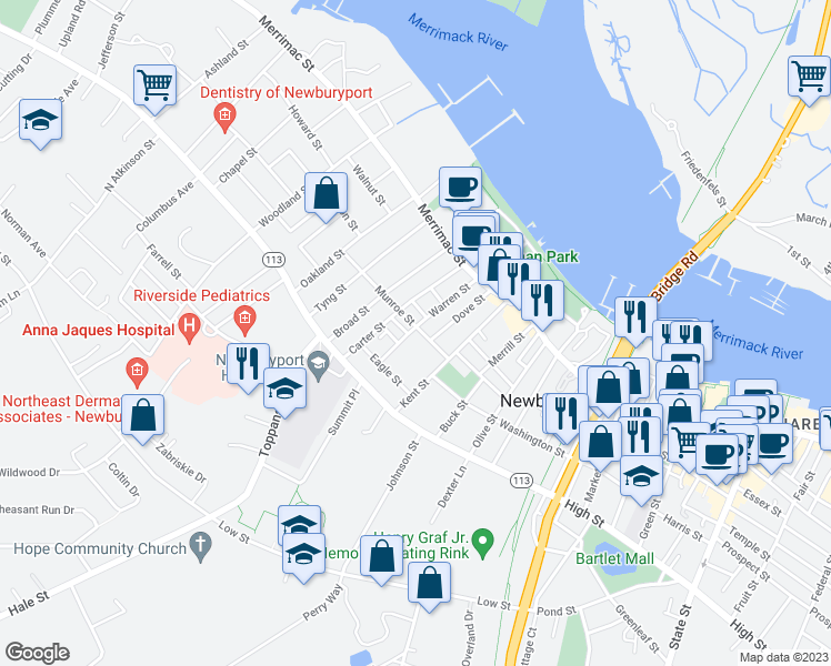 map of restaurants, bars, coffee shops, grocery stores, and more near 47 Warren Street in Newburyport
