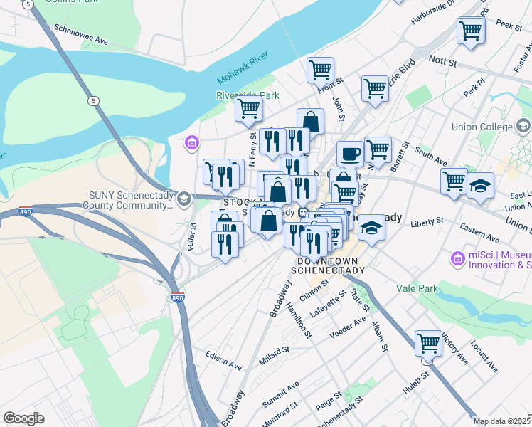 map of restaurants, bars, coffee shops, grocery stores, and more near in Schenectady