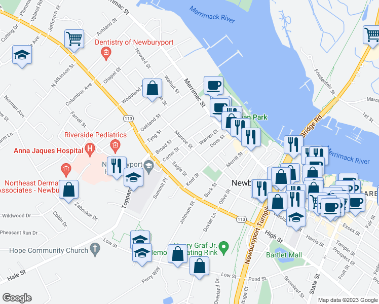 map of restaurants, bars, coffee shops, grocery stores, and more near 4 Lafayette Court in Newburyport