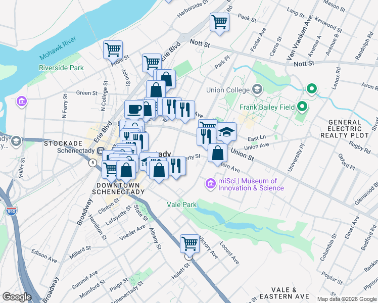 map of restaurants, bars, coffee shops, grocery stores, and more near 19 Lafayette Street in Schenectady