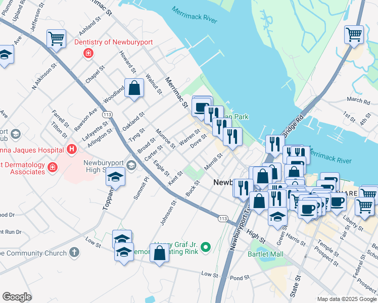 map of restaurants, bars, coffee shops, grocery stores, and more near 29 Dove Street in Newburyport