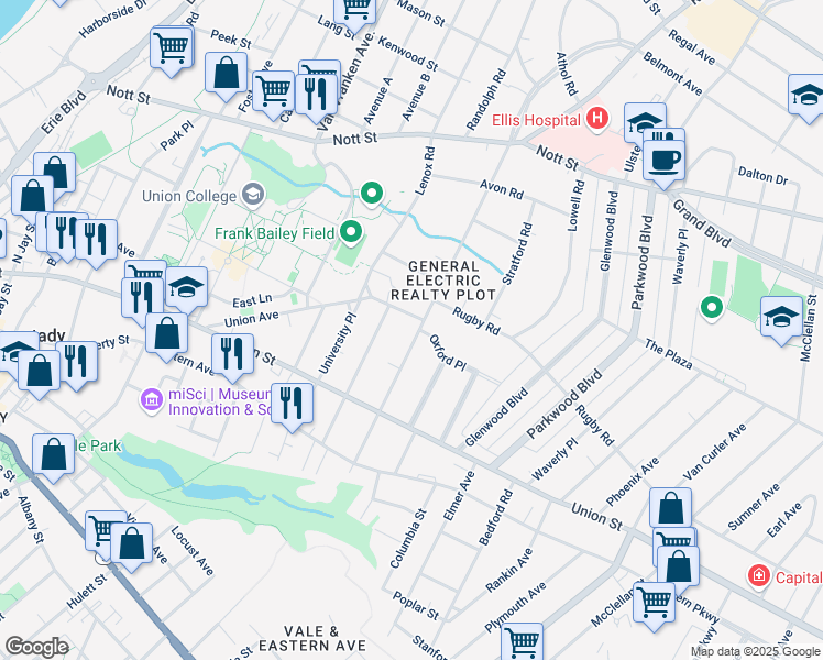 map of restaurants, bars, coffee shops, grocery stores, and more near 1087 Wendell Avenue in Schenectady