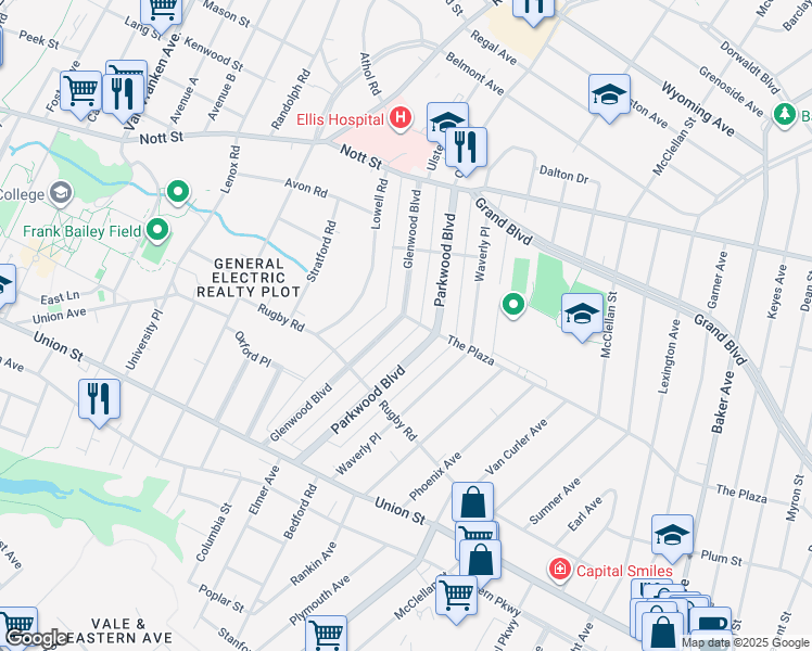 map of restaurants, bars, coffee shops, grocery stores, and more near 1194 Glenwood Boulevard in Schenectady