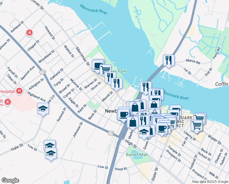 map of restaurants, bars, coffee shops, grocery stores, and more near 169 Merrimac Street in Newburyport
