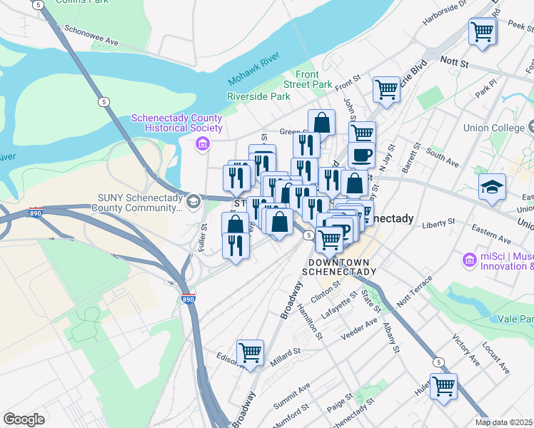 map of restaurants, bars, coffee shops, grocery stores, and more near 216 State Street in Schenectady