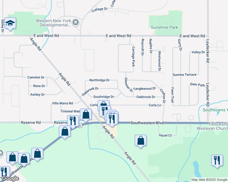 map of restaurants, bars, coffee shops, grocery stores, and more near 97 Oakbrook Dr in West Seneca