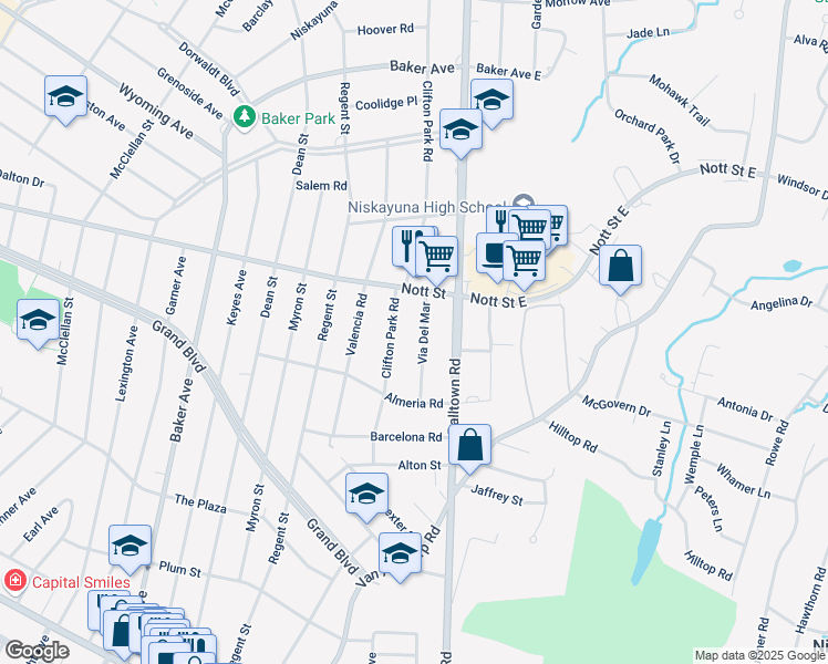 map of restaurants, bars, coffee shops, grocery stores, and more near 1453 Via Del Mar in Schenectady County
