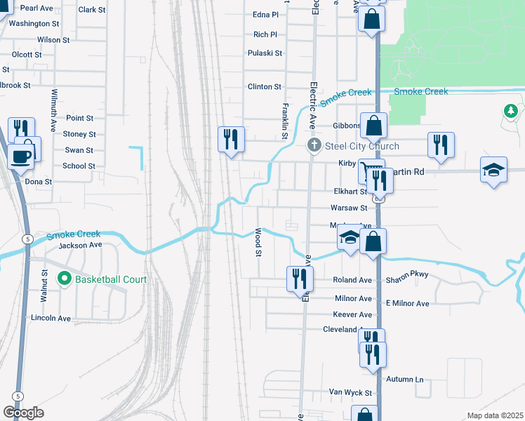 map of restaurants, bars, coffee shops, grocery stores, and more near 103 Warsaw Street in Lackawanna