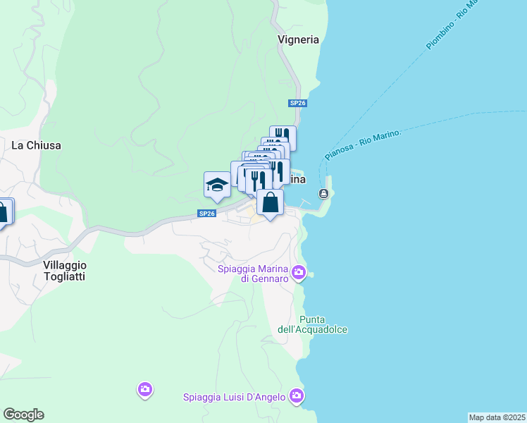 map of restaurants, bars, coffee shops, grocery stores, and more near 14 Piazza Giuseppe Mazzini in Rio Marina