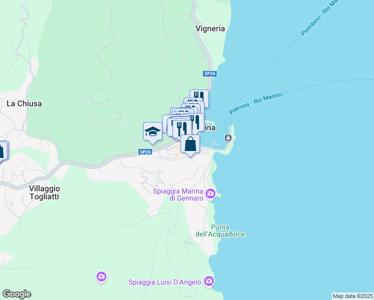 map of restaurants, bars, coffee shops, grocery stores, and more near 14 Piazza Giuseppe Mazzini in Rio Marina