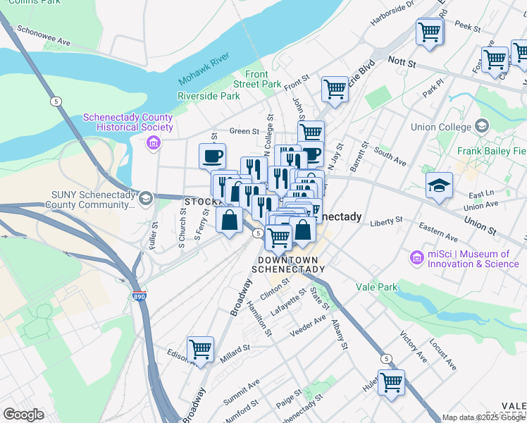 map of restaurants, bars, coffee shops, grocery stores, and more near 332 Erie Boulevard in Schenectady