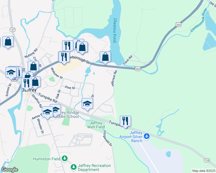 map of restaurants, bars, coffee shops, grocery stores, and more near 61 Hillcrest Road in Jaffrey