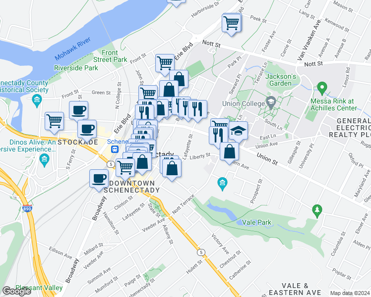 map of restaurants, bars, coffee shops, grocery stores, and more near 34 Lafayette Street in Schenectady
