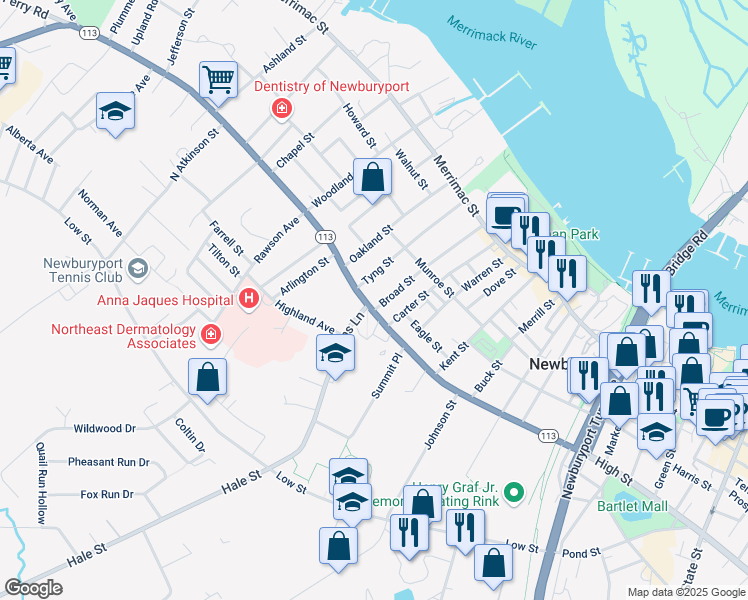 map of restaurants, bars, coffee shops, grocery stores, and more near 49 Broad Street in Newburyport