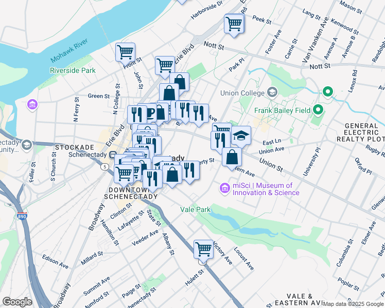 map of restaurants, bars, coffee shops, grocery stores, and more near 34 Lafayette Street in Schenectady