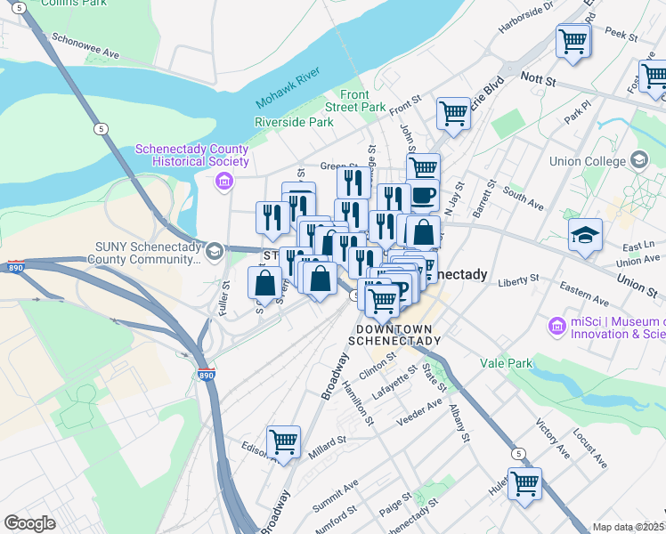 map of restaurants, bars, coffee shops, grocery stores, and more near 301 State Street in Schenectady