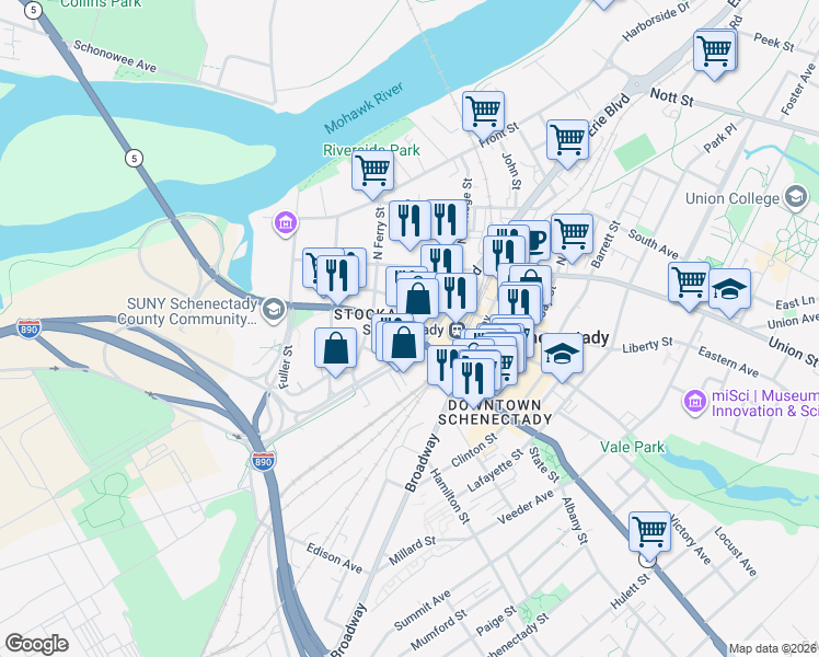 map of restaurants, bars, coffee shops, grocery stores, and more near 301 State Street in Schenectady