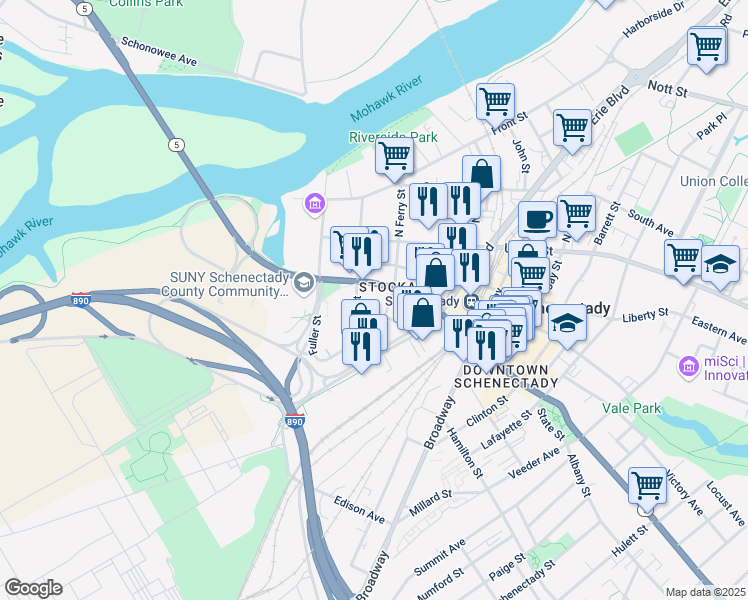 map of restaurants, bars, coffee shops, grocery stores, and more near 134 State Street in Schenectady