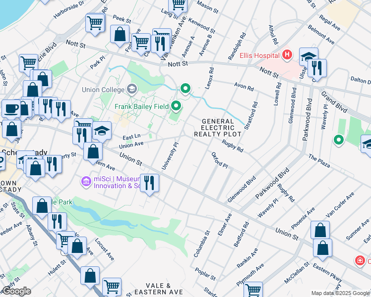 map of restaurants, bars, coffee shops, grocery stores, and more near 1076 Park Avenue in Schenectady