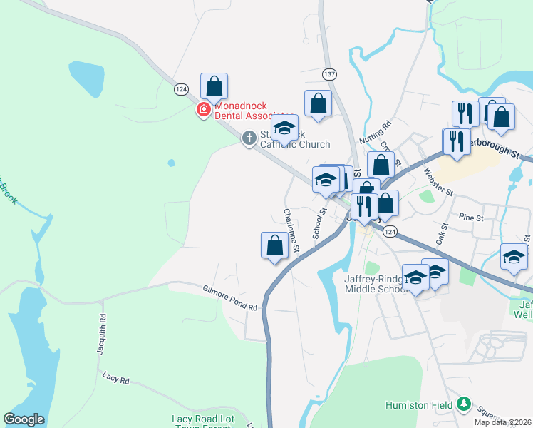 map of restaurants, bars, coffee shops, grocery stores, and more near 25 Charlonne Street in Jaffrey