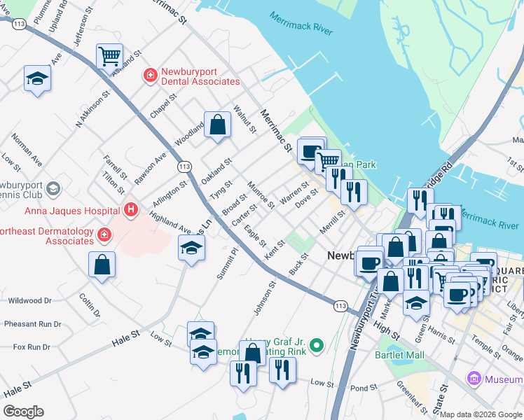 map of restaurants, bars, coffee shops, grocery stores, and more near 1 Lafayette Court in Newburyport