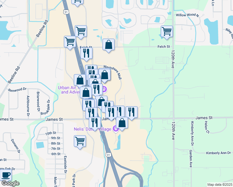 map of restaurants, bars, coffee shops, grocery stores, and more near Westshore Mall in Holland