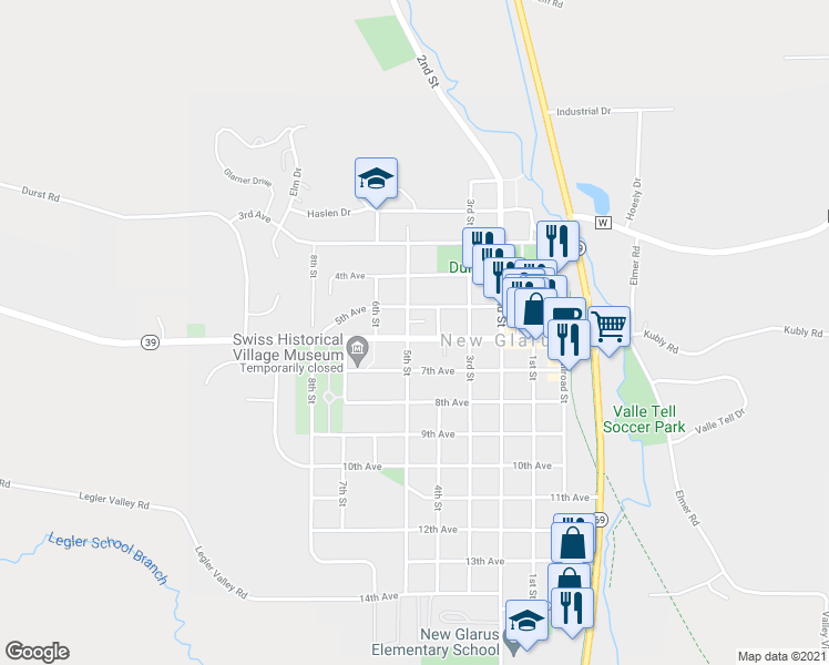 map of restaurants, bars, coffee shops, grocery stores, and more near 418 6th Avenue in New Glarus