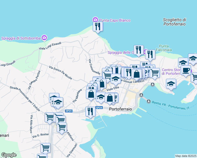 map of restaurants, bars, coffee shops, grocery stores, and more near 11 Via XX Settembre in Portoferraio