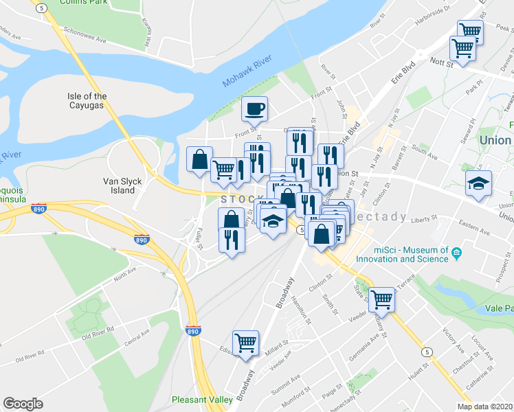 map of restaurants, bars, coffee shops, grocery stores, and more near in Schenectady
