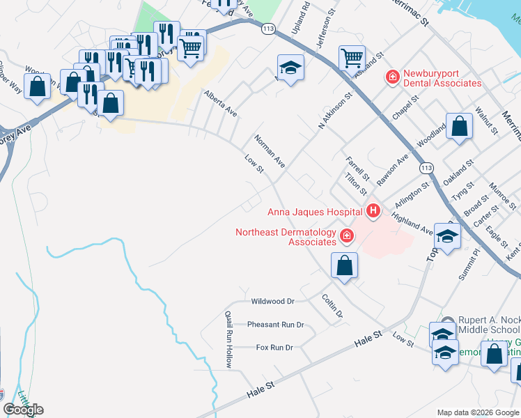 map of restaurants, bars, coffee shops, grocery stores, and more near 183 Low Street in Newburyport