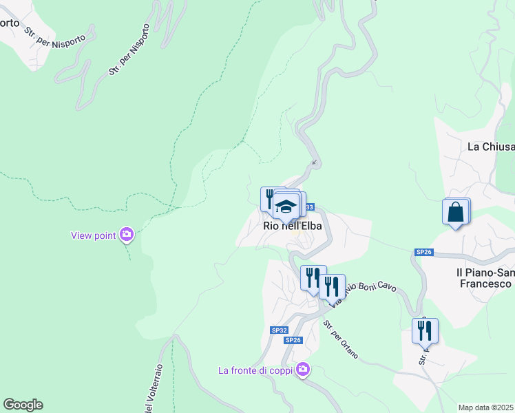 map of restaurants, bars, coffee shops, grocery stores, and more near 33 Via Solferino in Rio Nell'elba