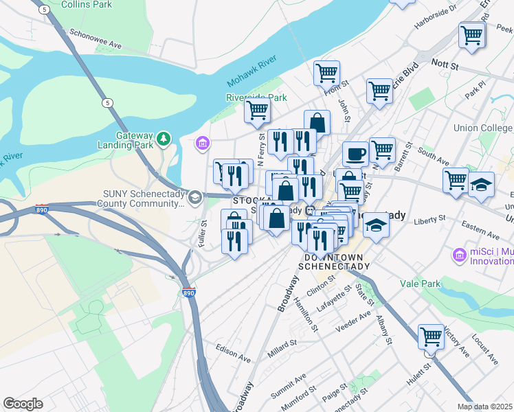 map of restaurants, bars, coffee shops, grocery stores, and more near in Schenectady
