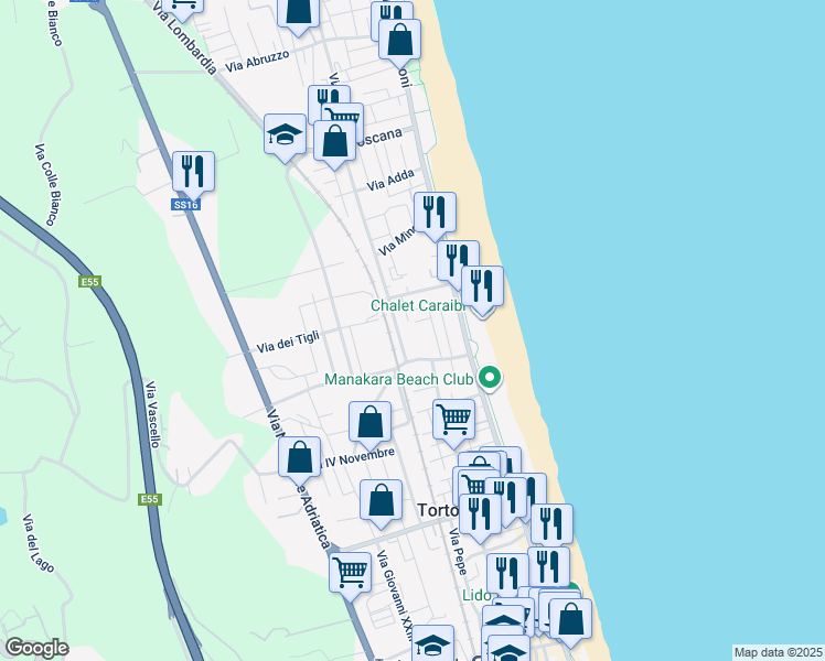 map of restaurants, bars, coffee shops, grocery stores, and more near 9 Via Aniene in Alba Adriatica
