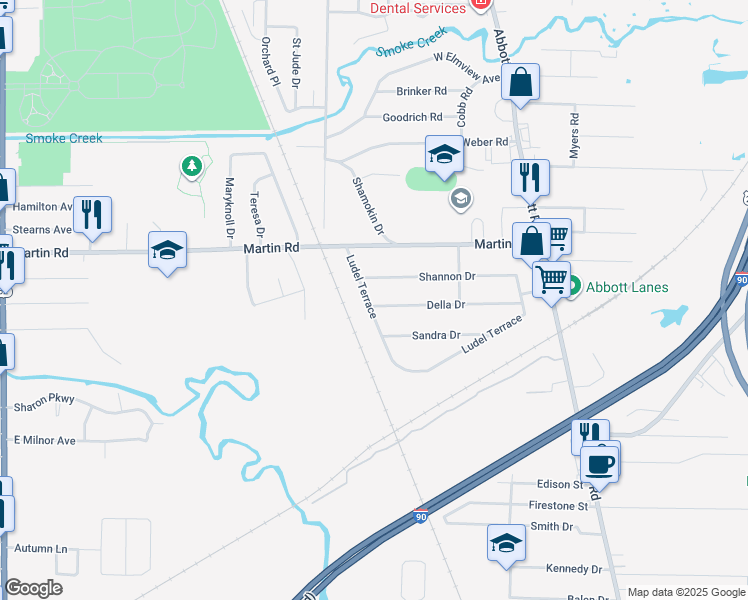 map of restaurants, bars, coffee shops, grocery stores, and more near 69 Ludel Terrace in Buffalo