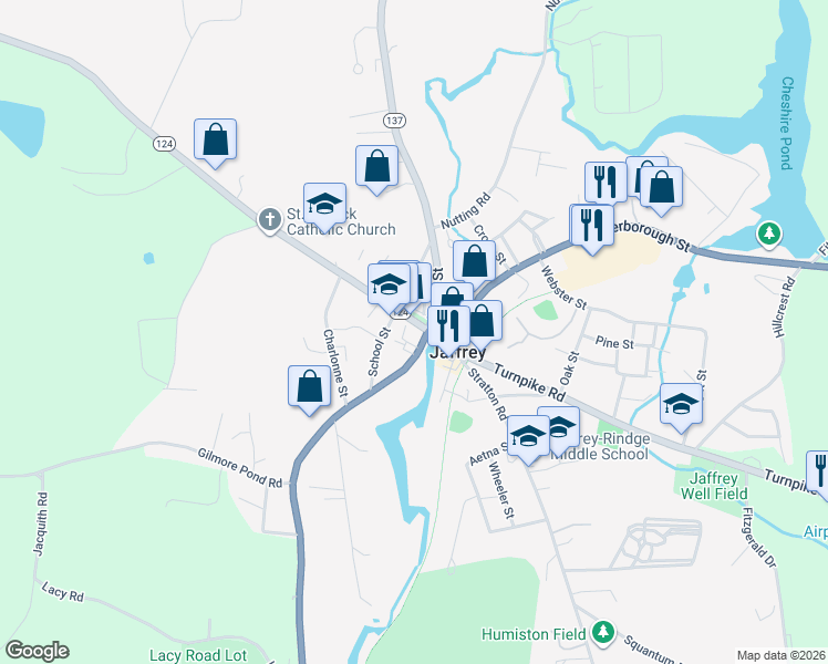 map of restaurants, bars, coffee shops, grocery stores, and more near 8 River Street in Jaffrey