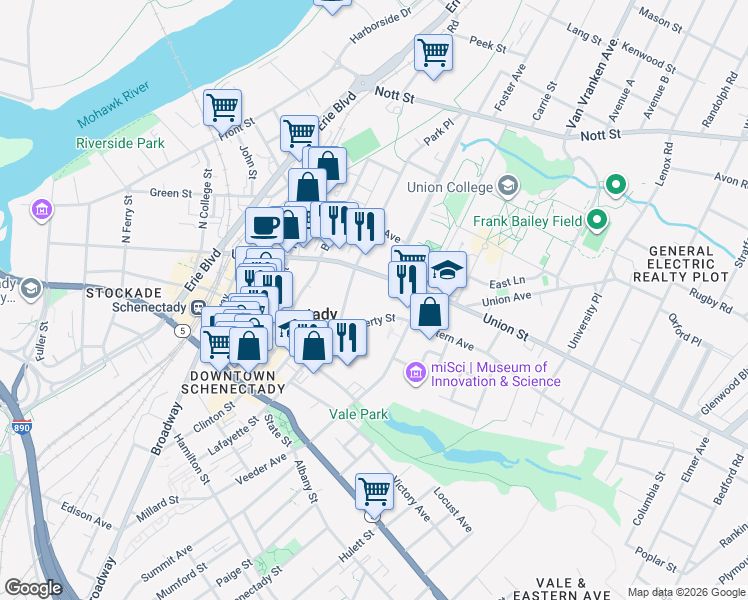 map of restaurants, bars, coffee shops, grocery stores, and more near 19 Lafayette Street in Schenectady