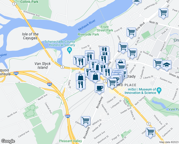 map of restaurants, bars, coffee shops, grocery stores, and more near 216 State Street in Schenectady