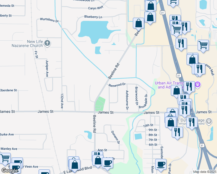map of restaurants, bars, coffee shops, grocery stores, and more near 2514 Beeline Road in Holland